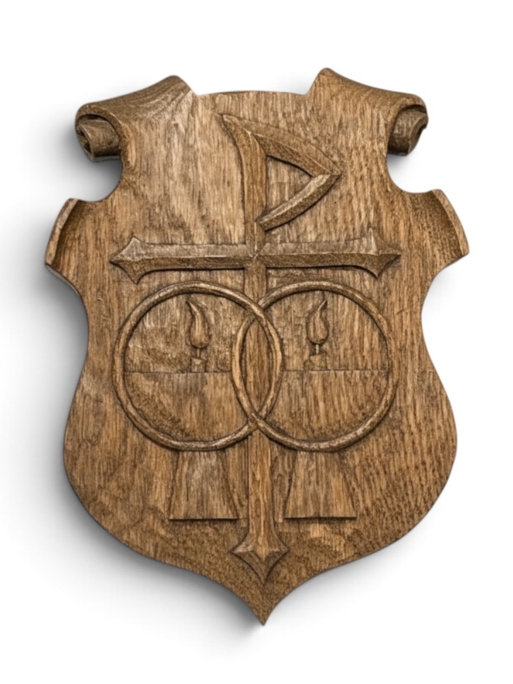 OOAK Vintage Hand-Carved Wood Shield Wall Plaque Wedding Symbols Chi Rho